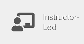 Icon representing a teacher in front of a chalkboard, with the words, "Instructor Led."