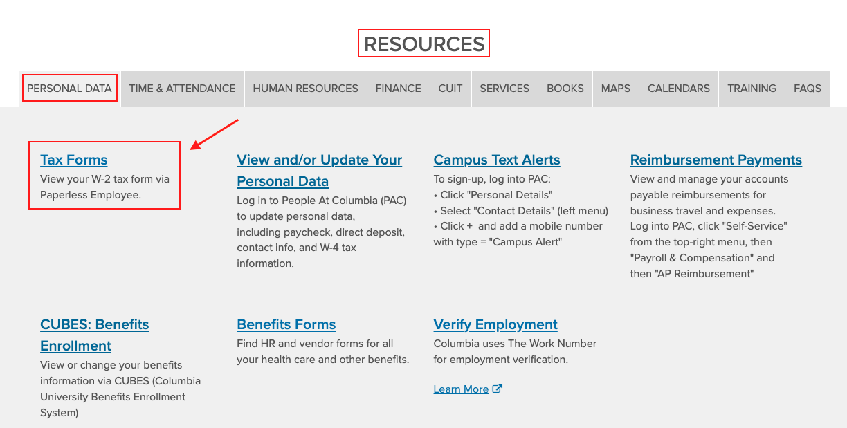 Screenshot of Resources page with arrow pointing toward tax forms